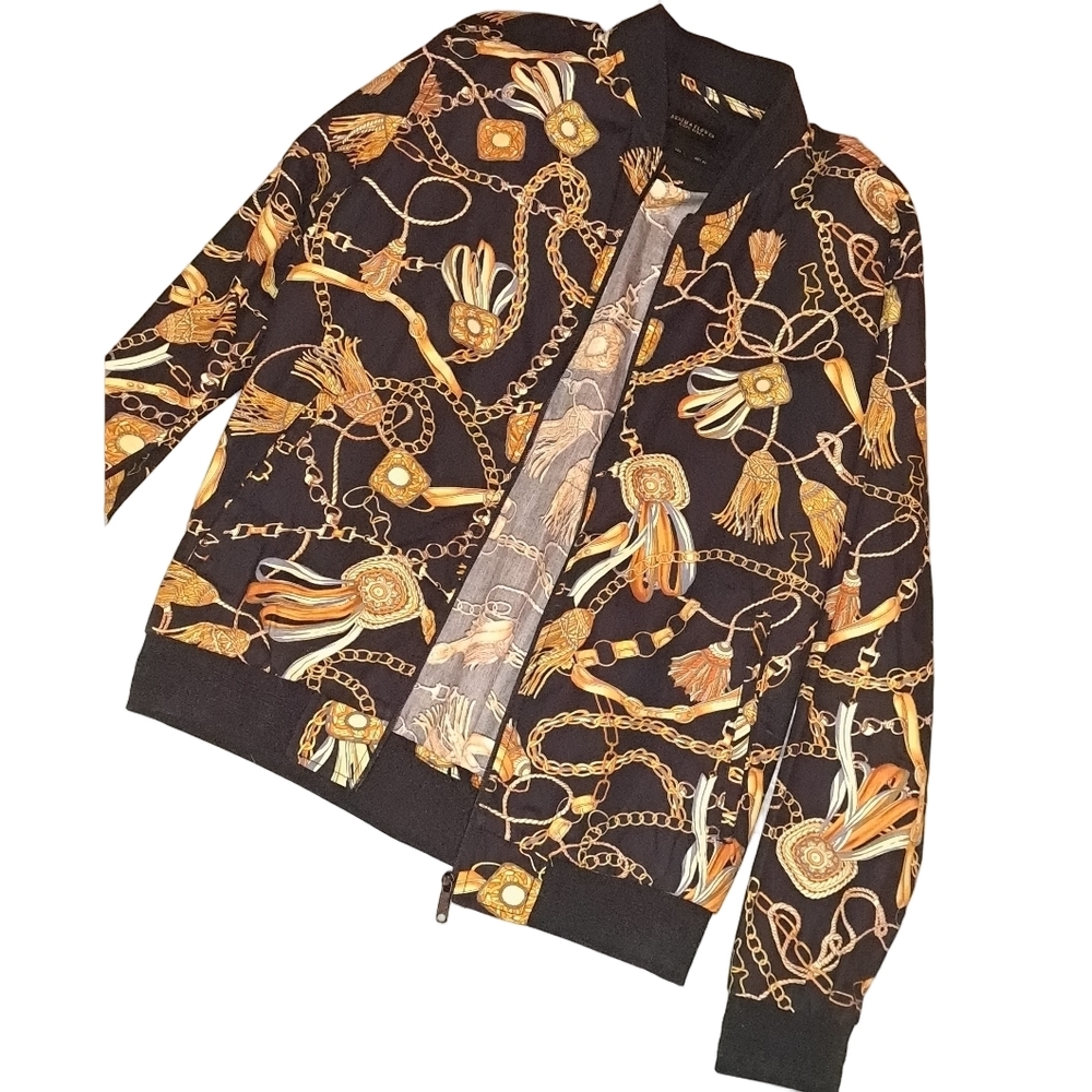 Denim & Flower Bomber by Ricky Singh Mens Horse Bit & Chain Equestrian Pattern